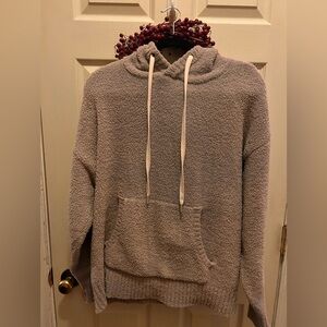 UGG Australia Asala Fuzzy Hooded plush sweater with Sunburst Logo- Light Taupe